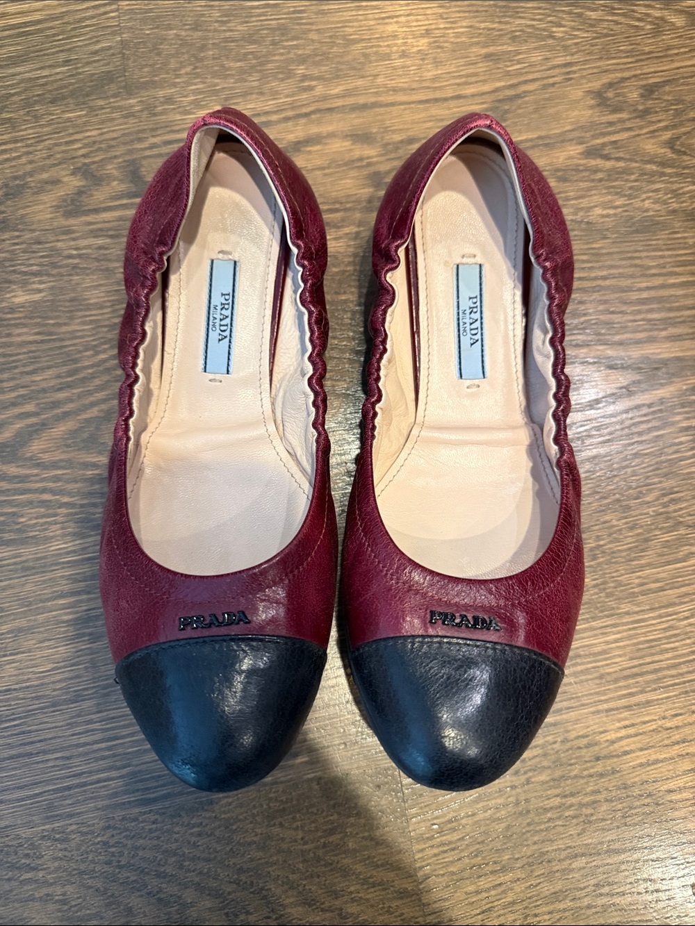 Prada Burgundy and Black Leather Cap-Toe Ballet Flats sz37
